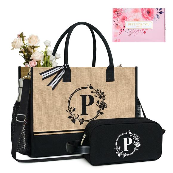 Personalized Initial Jute Tote Bag With 5 Pockets, Top Zier Closure, Thick >:) - Picture 1 of 7